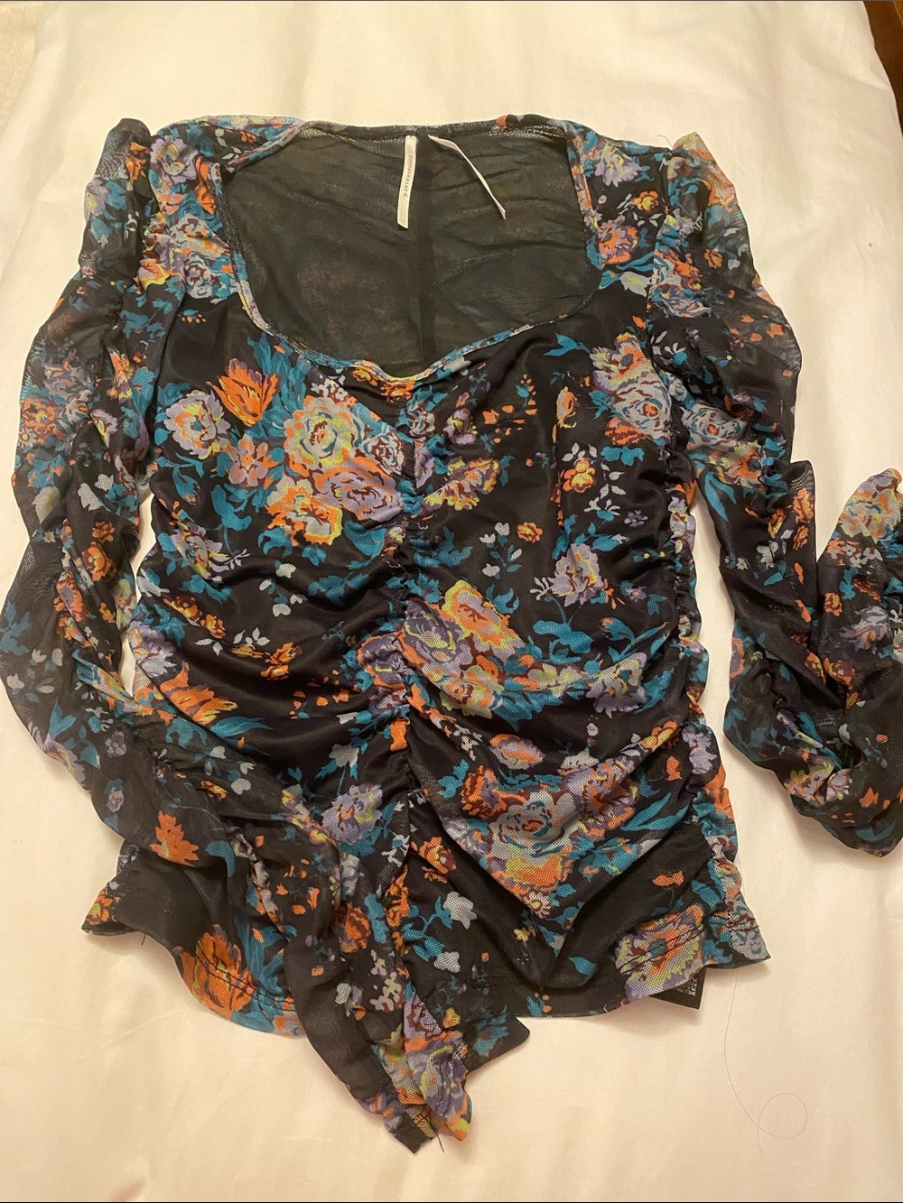 Anthropologie Women’s Black Floral Ruched Long-Sleeve Top